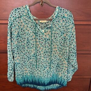 Lucky Brand Teal and Beige Patterned Blouse